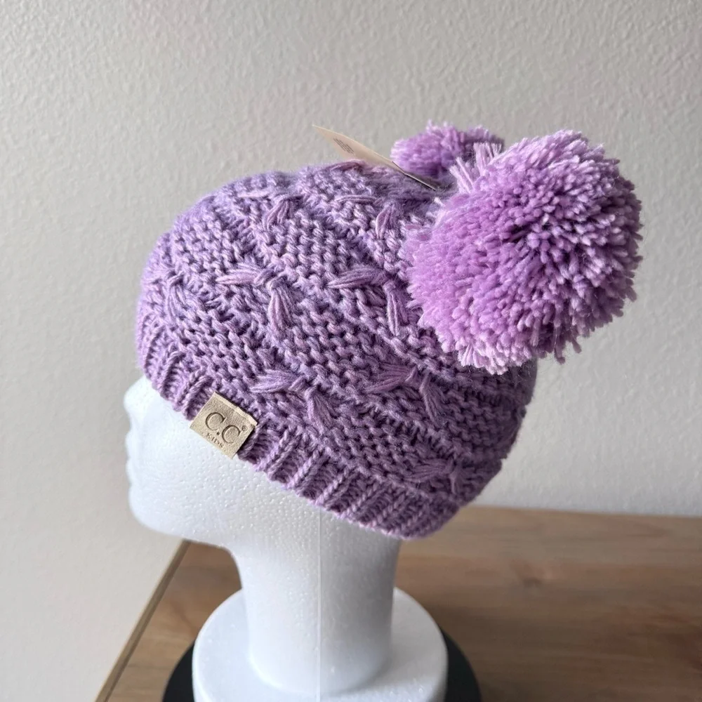 NWT C.C Kids purple knit wool blend beanie with two Pom-poms youth OS